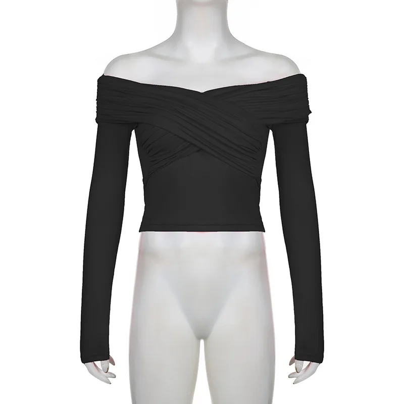 V-Neck Summer Patchwork T-shirt Cropped Top For Women Fashion Mesh Long Sleeve Sexy Off-Shoulder Female Y2k Top Tee 2025
