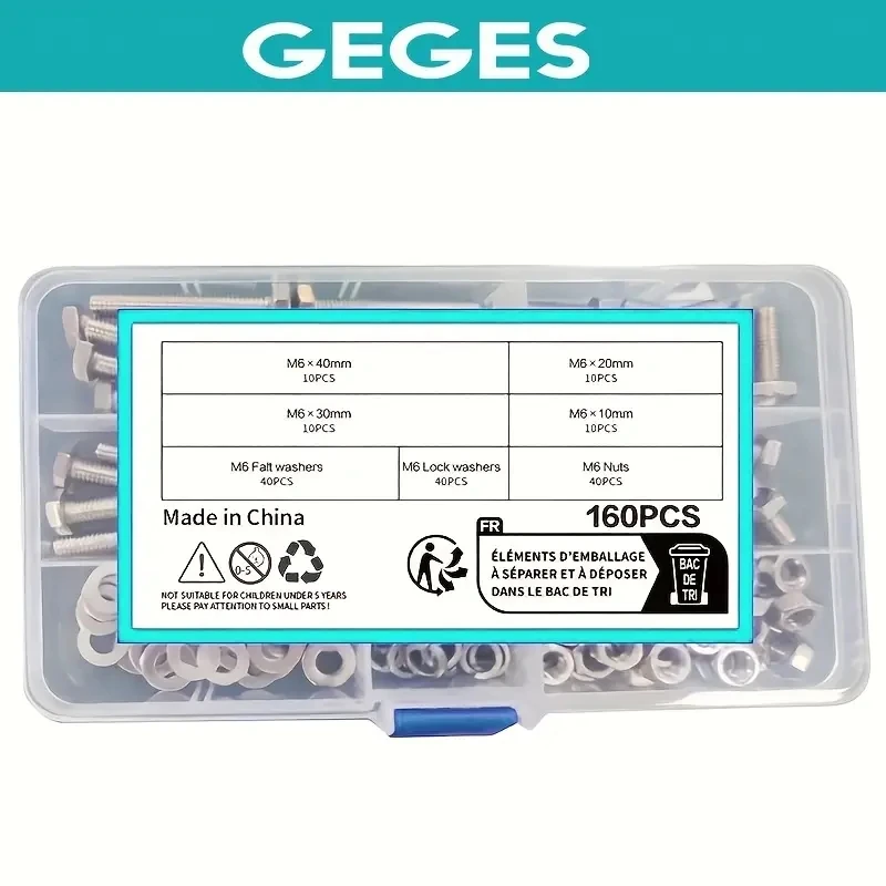 160 GUTEBANG M6 stainless steel bolt and nut kit-Heavy duty hexagonal screw with flat washer and spring washer.