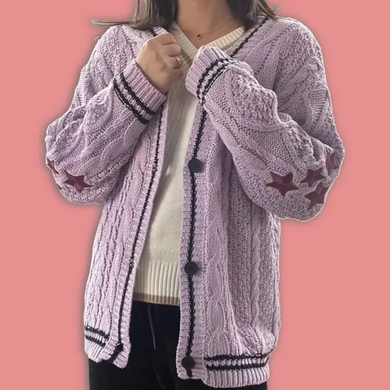 2XL Women Folklore Evermore Flower Embroidery Cardigan Oversized Star Knitted Purple Sweater  Female Loose Fit Pink Cardigan images - 6