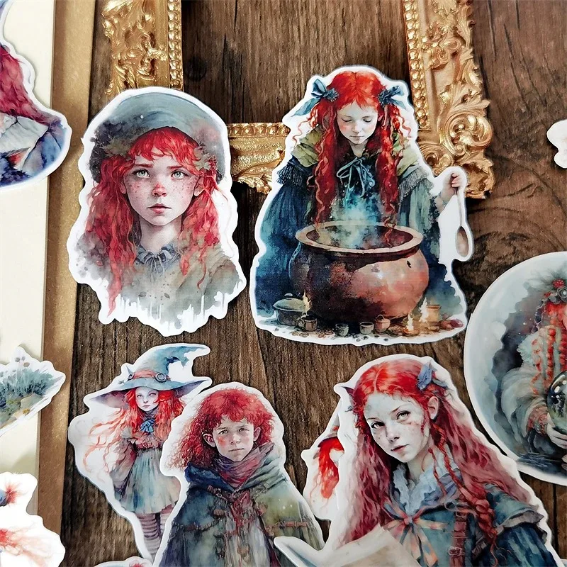 Aquarell europäische rote Kopf Hexe Hexe Aufkleber Handwerk und Scrapbooking Aufkleber Kinder Spielzeug Buch dekorative Aufkleber DIY