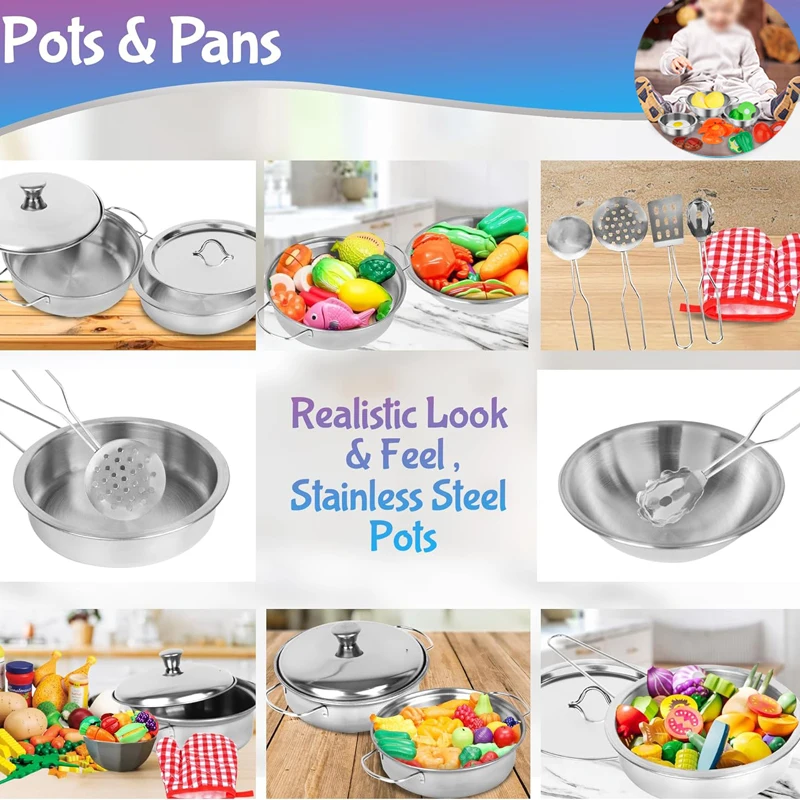 Kids Play Kitchen Toys Pots and Pans 13/15/20pcs Stainless Steel Mini Cookware Playset Pretend Cooking Utensils for Kids 3