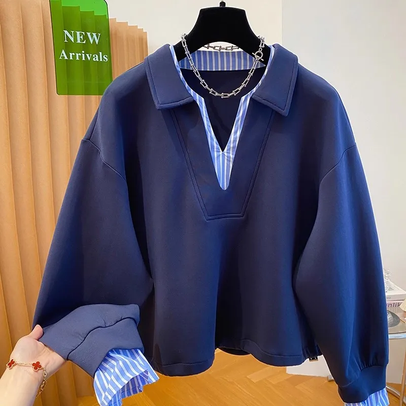 المرأة فضفاضة هوديي موضة المتضخم هوديس عادية تنوعا كسول نمط طويل الأكمام البلوز الخريف الشتاء وهمية قطعتين