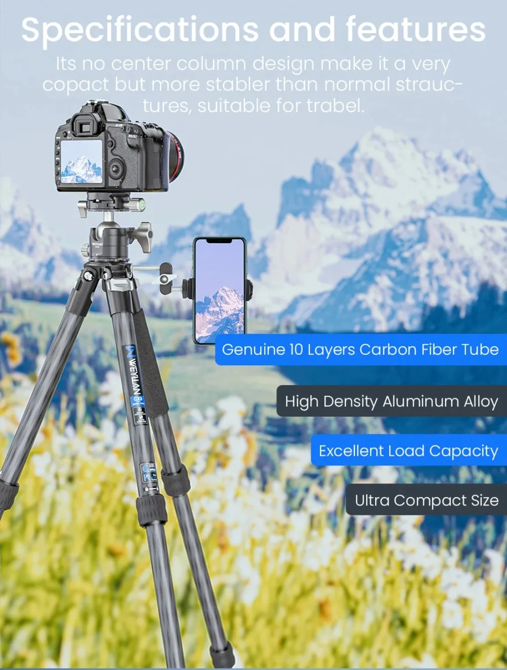 CX5 Carbon Fiber Lightweight Travel Tripod Professional DSLR Camera Tripod For F