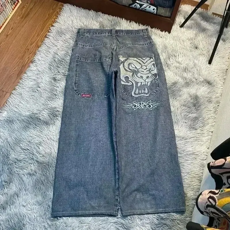 New Men Y2K Vintage Loose Big Pocket Denim Jeans Casual Simple Niche Hip Hop Printing Jeans Streetwear Wide Leg Denim