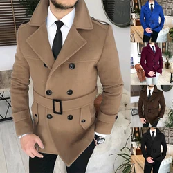 Men's Lapel Double-Breasted Casual Woolen Jacket 2024 Autumn With Belt Fashionable British Retro Elegant Solid Color Jacket