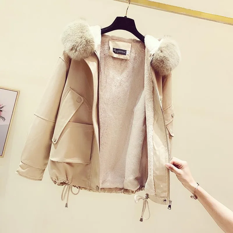 2023 New Women Cotton Coat Winter Jacket Female Artificial Fur Collar Hooded Parkas Loose Short Outwear Keep Warm Thick Overcoat