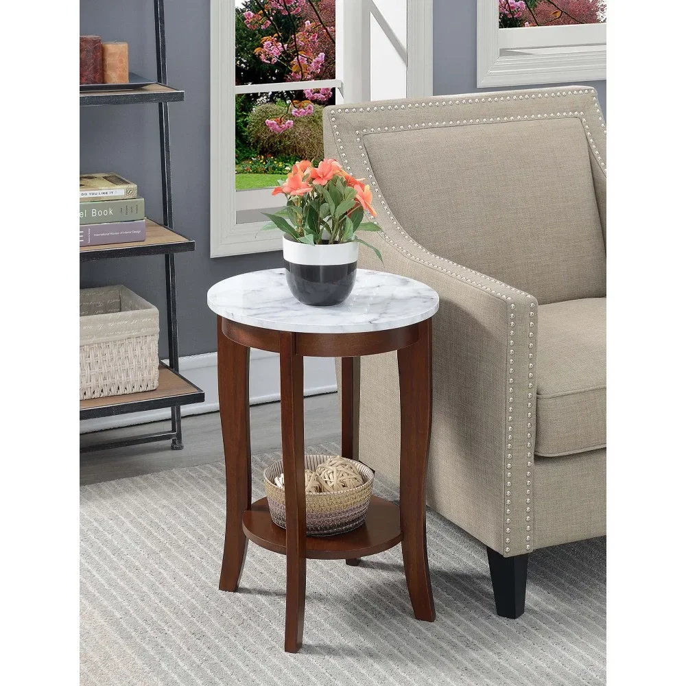 

American Heritage Round End Table with Shelf Bedroom Sofa End Tables for The Living Room, White Faux Marble/Espresso