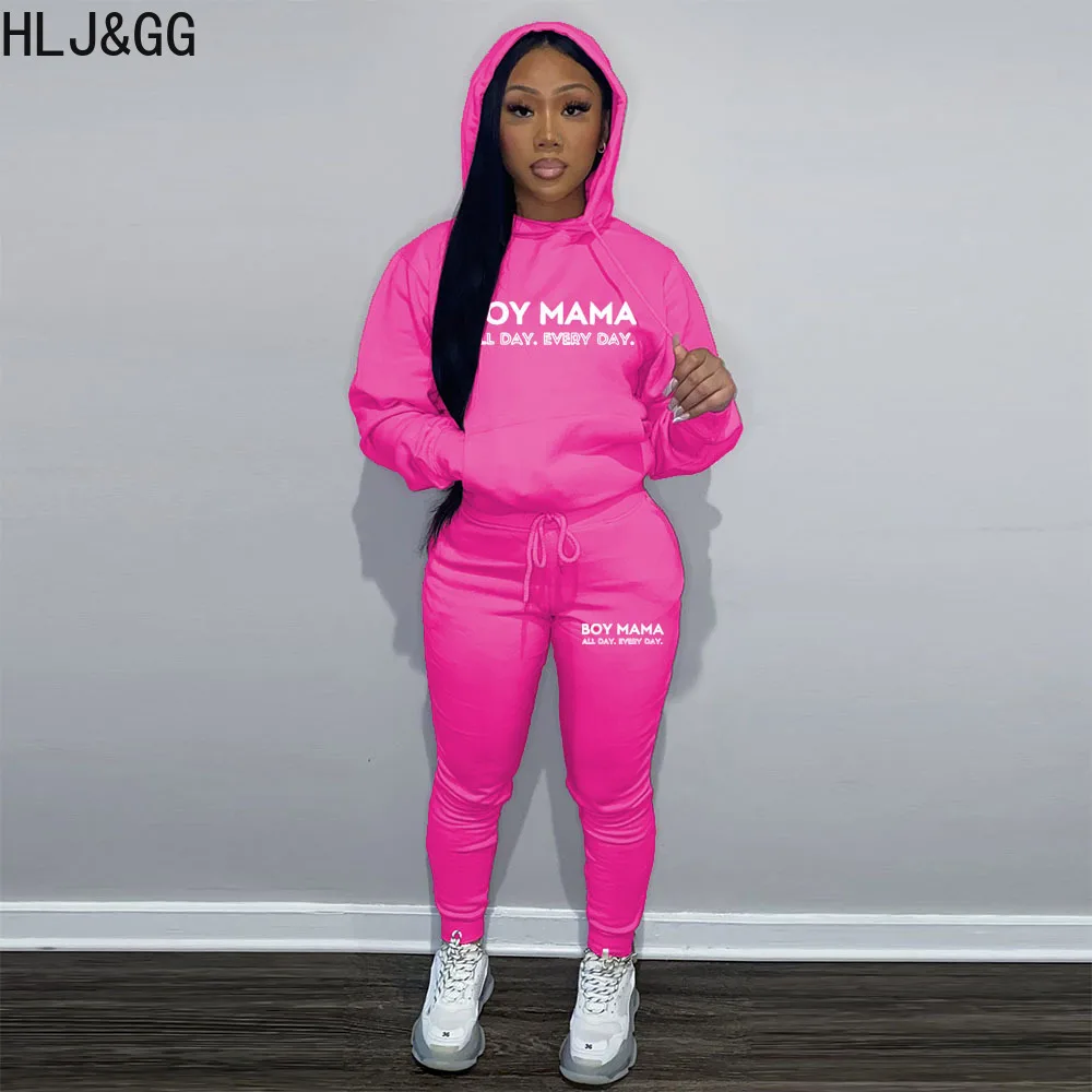 HLJ&GG Autumn Casual Letter Print Hooded Tracksuits Women Long Sleeve Sweatshirts And Jogger Pants Two Piece Sets Female Outfits