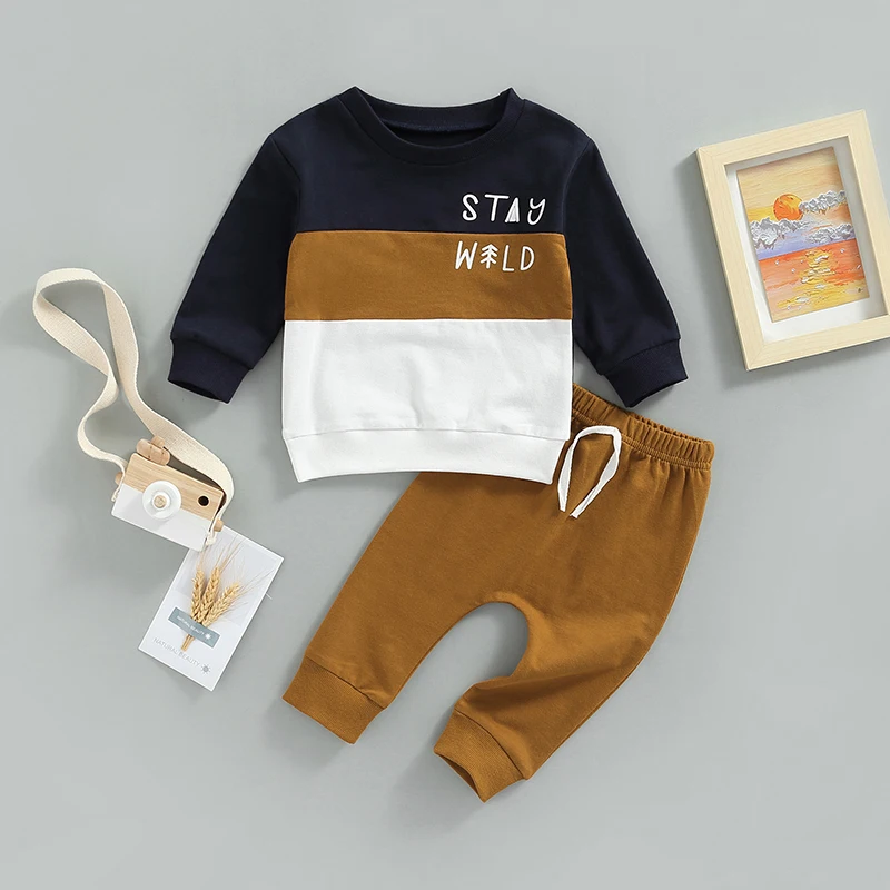 FOCUSNORM 0-5Y Herbst Casual Kinder Jungen Kleidung Sets 2 stücke Brief Drucken Farbe Patchwork Langarm Sweatshirt Top Hosen