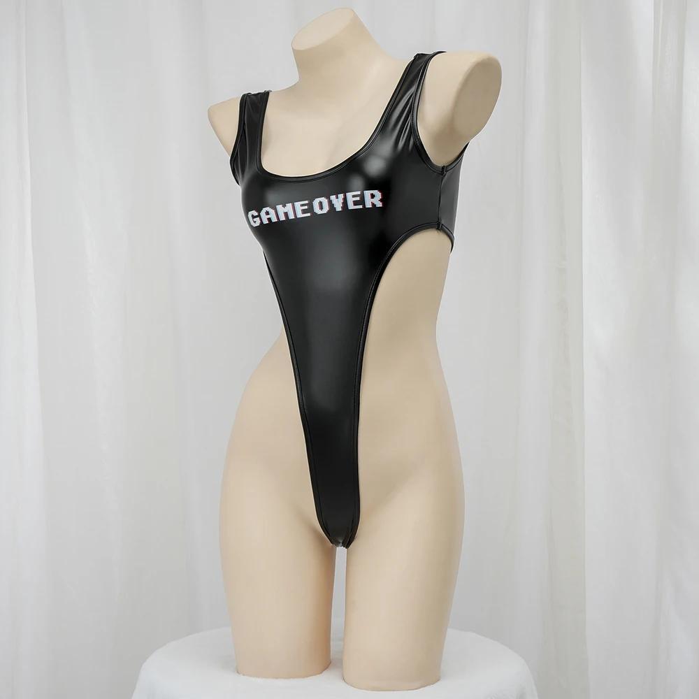 Game Over Letter Print Bikini Swimsuit Sexy High Cut Thong PU Bodysuit Women Girl Swimwear Beach Bathing Suit Jumpsuits Lingerie