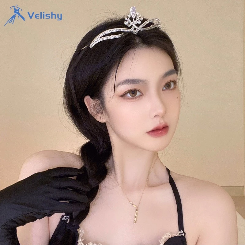 왕관 잎 물방울 티아라 웨딩 액세서리, 여성용 인공 라인석 파티, 공주 엘프 티아라 액세서리, 1pc