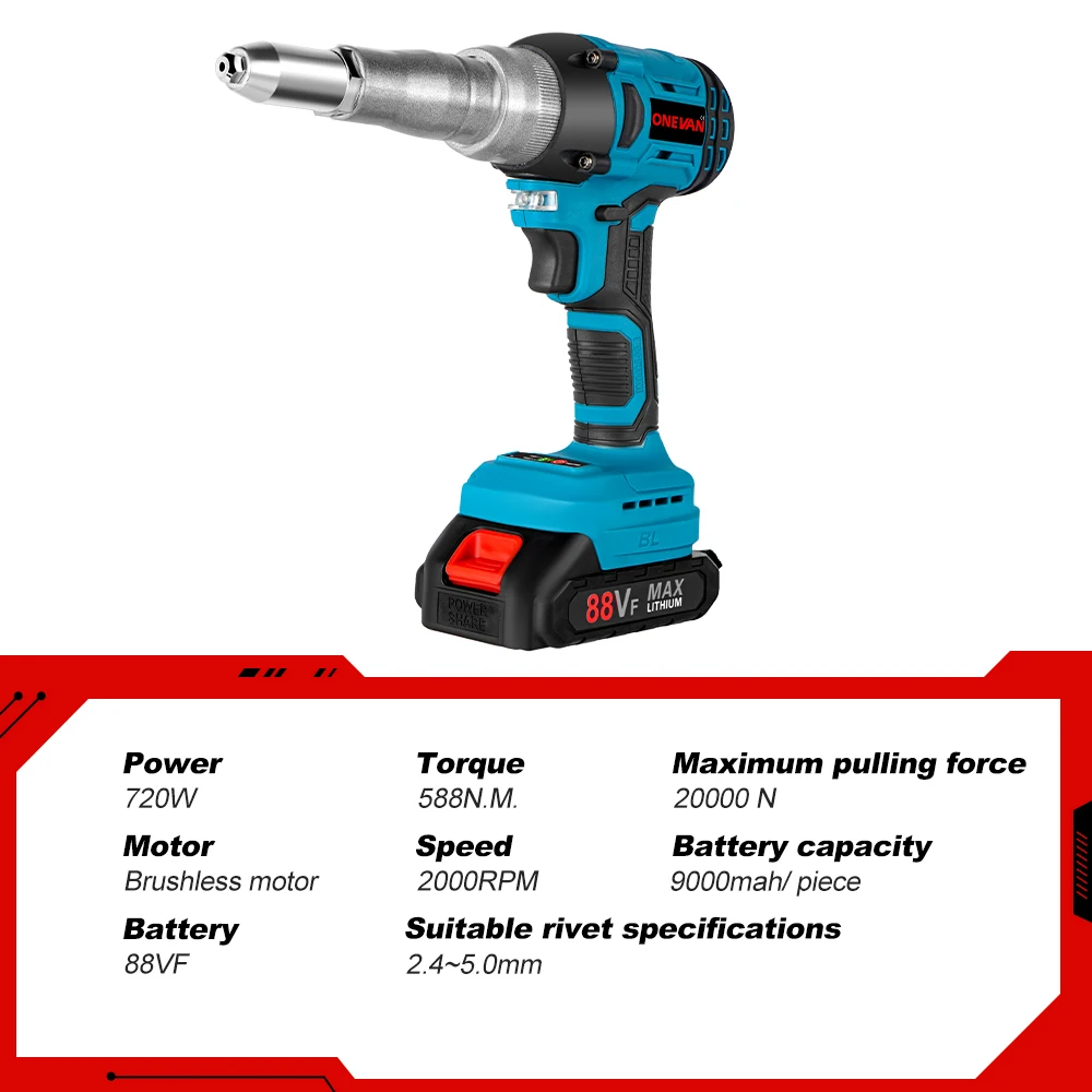 ONEVAN 720W 20000N Brushless Electric Rivet Gun Cordless Rivet Nut Gun Power Display Auto Riveting Tool For Makita 18V Battery