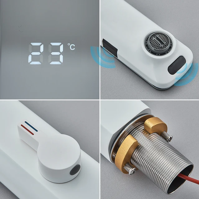 สีขาวสมาร์ทเซนเซอร์ก๊อกน้ําอ่างล้างหน้าหน้าจอดิจิตอลจอแสดงผลร้อนเย็นน้ําแตะ Touchless Vanity Sink ก๊อกน้ําสําหรับห้องน้ํา 5