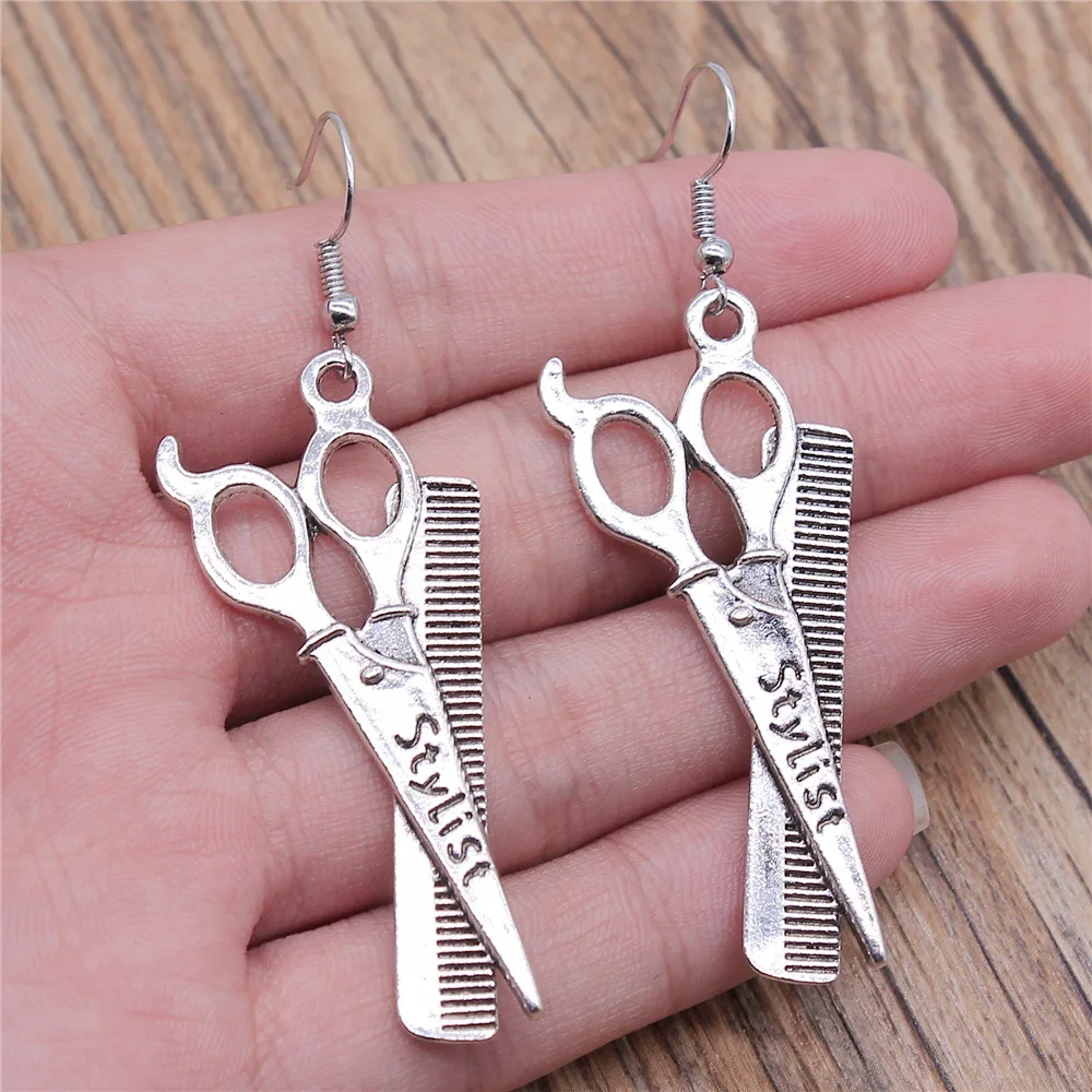 Vintage Simple Handmade Jewelry Earrings Barber Scissors Comb Pattern Earrings Gifts for Girlfriends