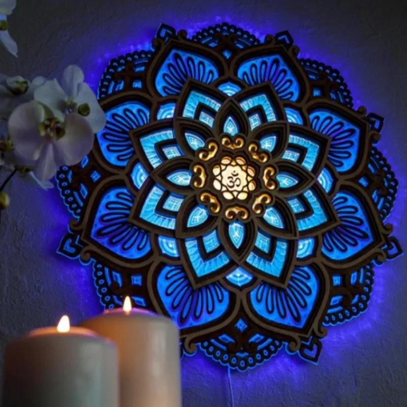 

Creative Mandala Yoga Night Light Wooden Wall Hanging Multilayered LED Lamps Ambient Light Photography Lamp Home Room Decoration