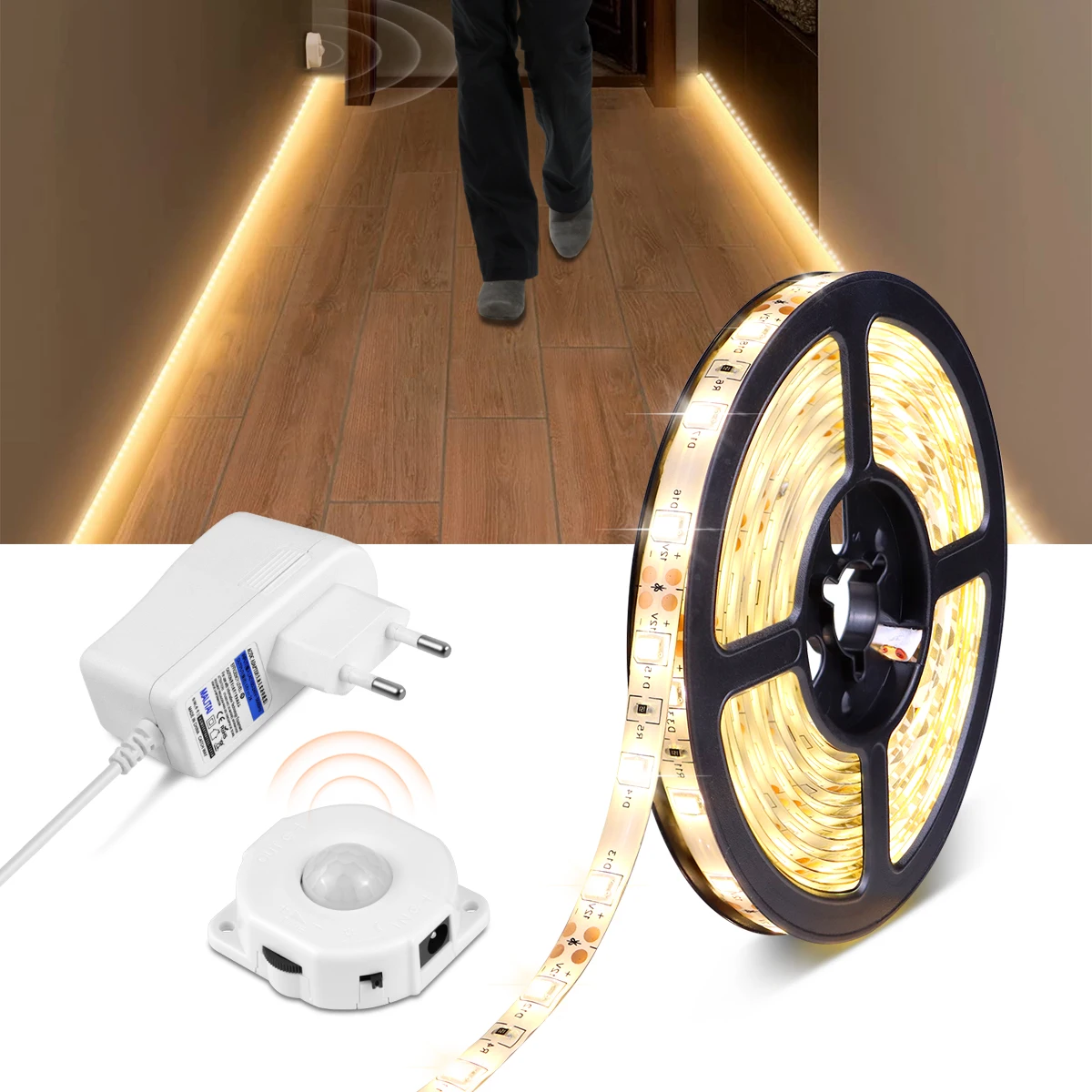 Motion Sensor LED Under Cabinet Light Bed Night Light 1M-5M LED Strip Tape  Night Sensor Lamp With 110V-220V to 12V Power Adapter