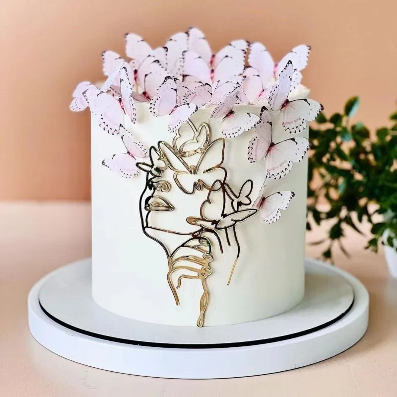 Gold Acrylic Minimalist Art Lady Face Cake Topper Girl Happy Birthday Cake Decoration Wedding Toppers Party Supplies