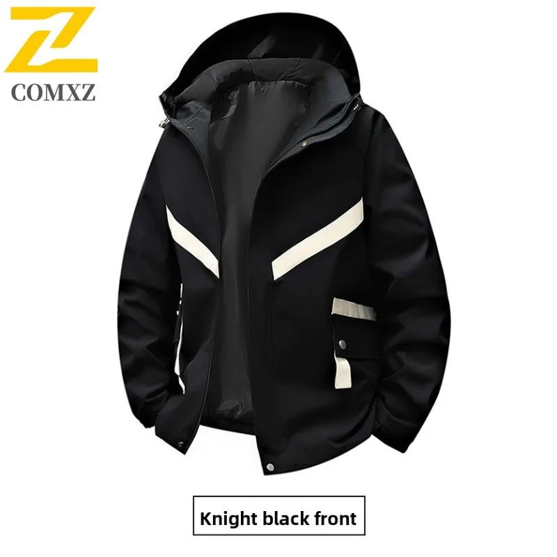 COMXZ Men Autumn Jacket Hooded Hiking Travel Light Motorcycle Coat Leisure Pure Color Design Journey Wind Resistant Clothing