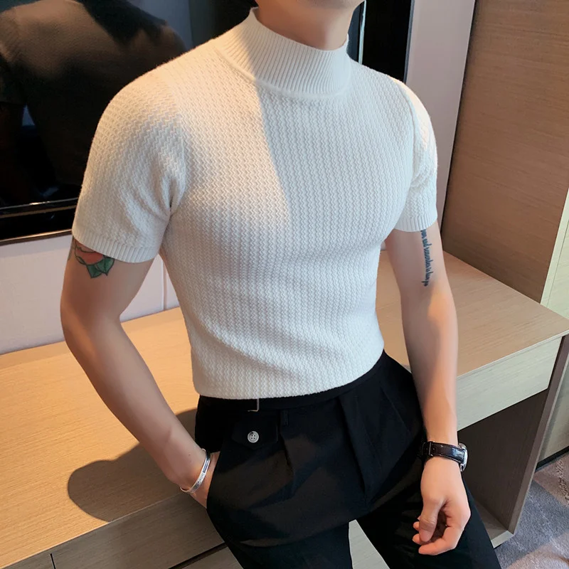 

Men Short Sleeve Knitted Sweater 2022 Spring New Turtleneck Solid Color Casual Stretched Slim Fit Homme Pullovers Men's Clothing