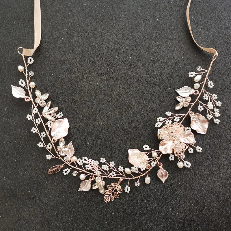 SLBRIDAL Handgemachte Perlen Blume Klar Strass Blatt Hochzeit Haar Reben Stirnband Braut Kopfschmuck Haar Zubehör Frauen Schmuck – Detail 3