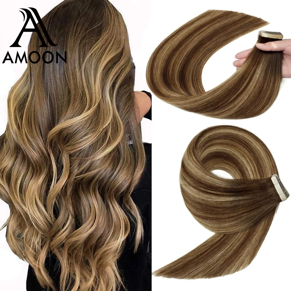 Amoon Straight Tape in Hair Extensions Seamless Glue on Hair Extensions Volume Add in Fullness 100% Human 20pcs/pack