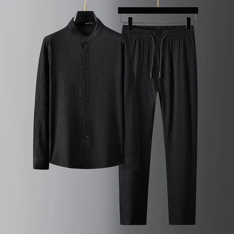 Spring/Summer New Casual Light Thin Set For Men Stripe Standing Neck Man Shirt Paired With Pants Style White Suit 2024 Autumn 5