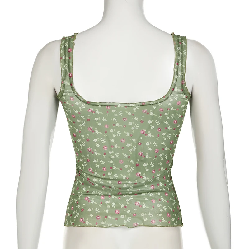 Camiseta sin mangas de malla transparente con estampado floral para mujer, camiseta de verano ajustada Y2K con cuello cuadrado vintage, camiseta sexy de moda