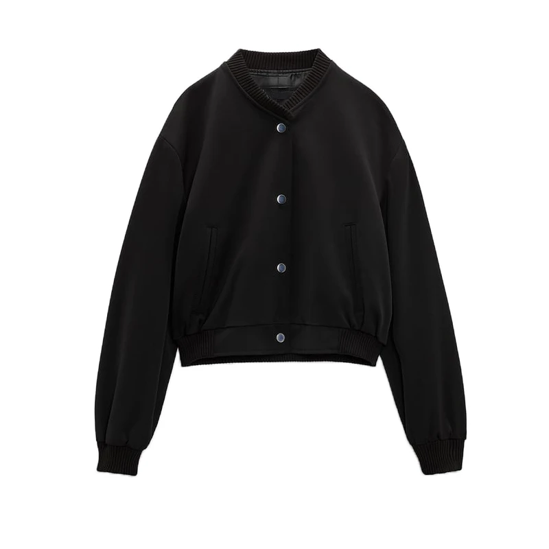 Giacca bomber corta da donna autunnale con bottoni automatici nuovi, girocollo, maniche lunghe, tasca con toppa, capispalla chic da donna_voghion.com