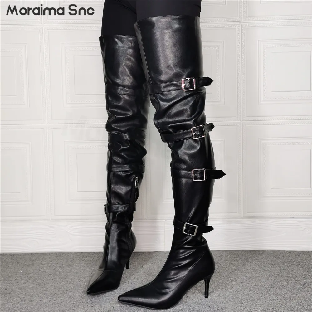 

Black Pointed-Toe Belt Buckle Boots Pointed-Toe Stiletto Mid-Heel Over-The-Knee Large-Size Boots Fashion Personality Thigh Boots
