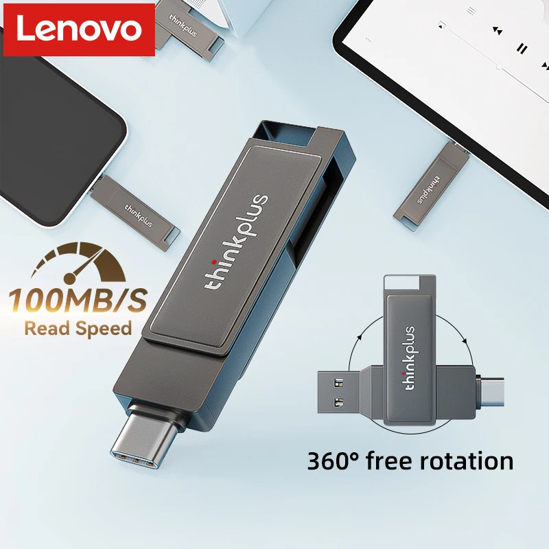 레노버 그레이 메탈 듀얼 인터페이스 USB 플래시 드라이브, 타입-C 고속 펜드라이브, 휴대폰 노트북 PC용 휴대용 메모리 스틱