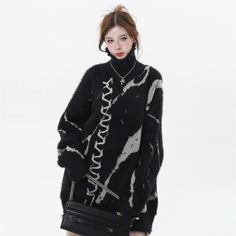 2024 Men Turtleneck Sweater Streetwear Distressed Knitted Sweater Ripped Hole Hip Hop Retro Pullover Harajuku Sweater Soft Black 4