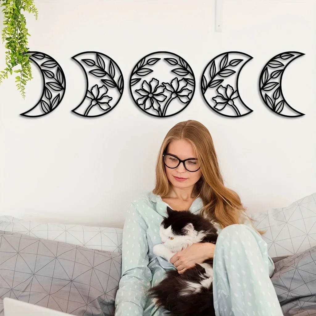 

Hello Young 5pcs Moon Phase Wall Hanging Decor Flower Leaf Home Decor Metal Moon Phase Nordic Wall Mounted Decoration Ornament B