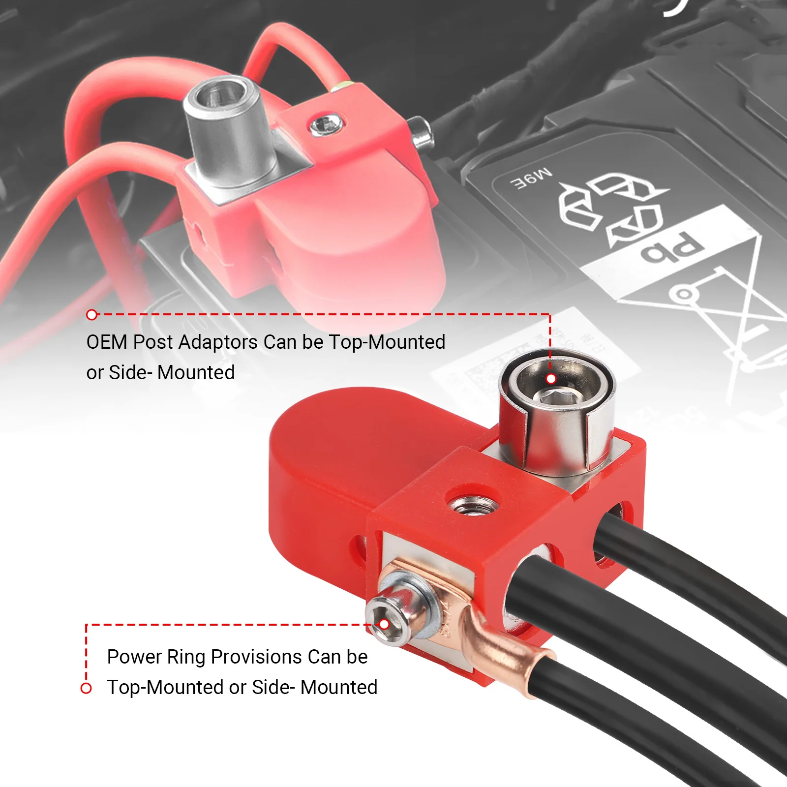 Plus- und Minus-Batterieklemmen aus Messing, 1x 0/2/4 Gauge & 1x 4/8 Gauge Ausgänge, obenliegender Montageadapterkragen für Auto, Marine, Boot – Detail 2