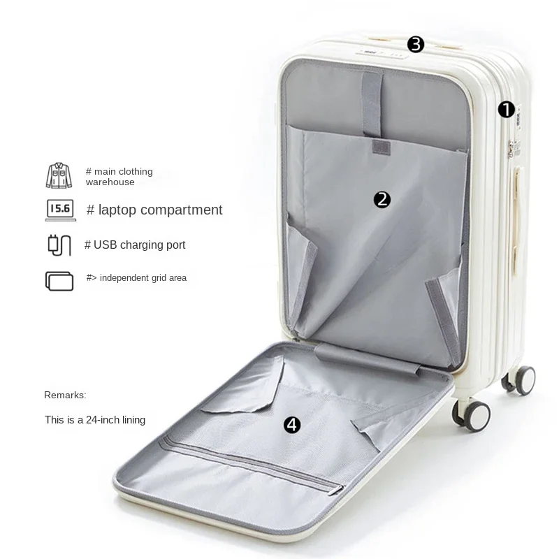 20"22"24"26 Inch Travel Suitcase Front Open Cover Multifunctional Trolley Case with Cup Holder Boarding Box Rolling Luggage
