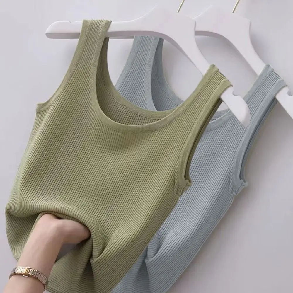 Polyester Sexy Sleeveless Camisole 2024 Solid Color Basic Top Summer Camisole T-Shirt Streetwear Tees Spring Knitted Tank Women