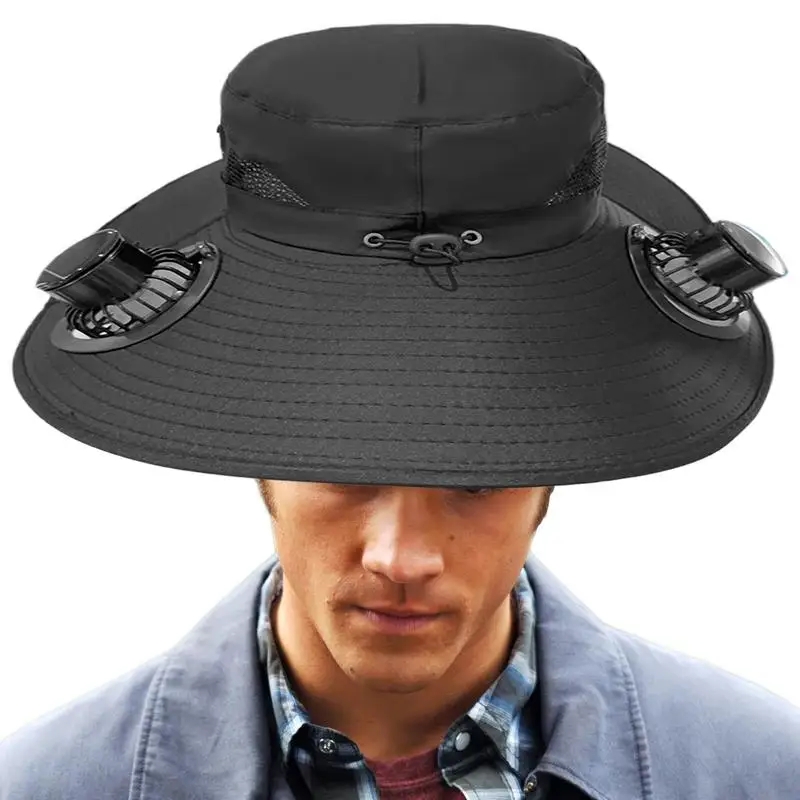 Mens Sun Hat with 2 Fan Summer Cooling Wide Brim Bucket Hat Beach Hat Garden Hat Solar And USB DualPower Supply