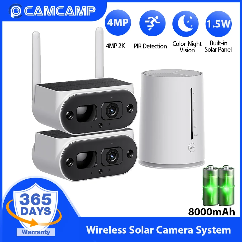 Camcamp 4MP Wifi CCTV Camera Security System Outdoor PIR Detect 8000mAh Battery Powered Video Surveillance Solar Camera Kit P2P tuya 3mp wifi battery solar power outdoor security pir motion detect spotlight color night vision cctv surveillance siren camera