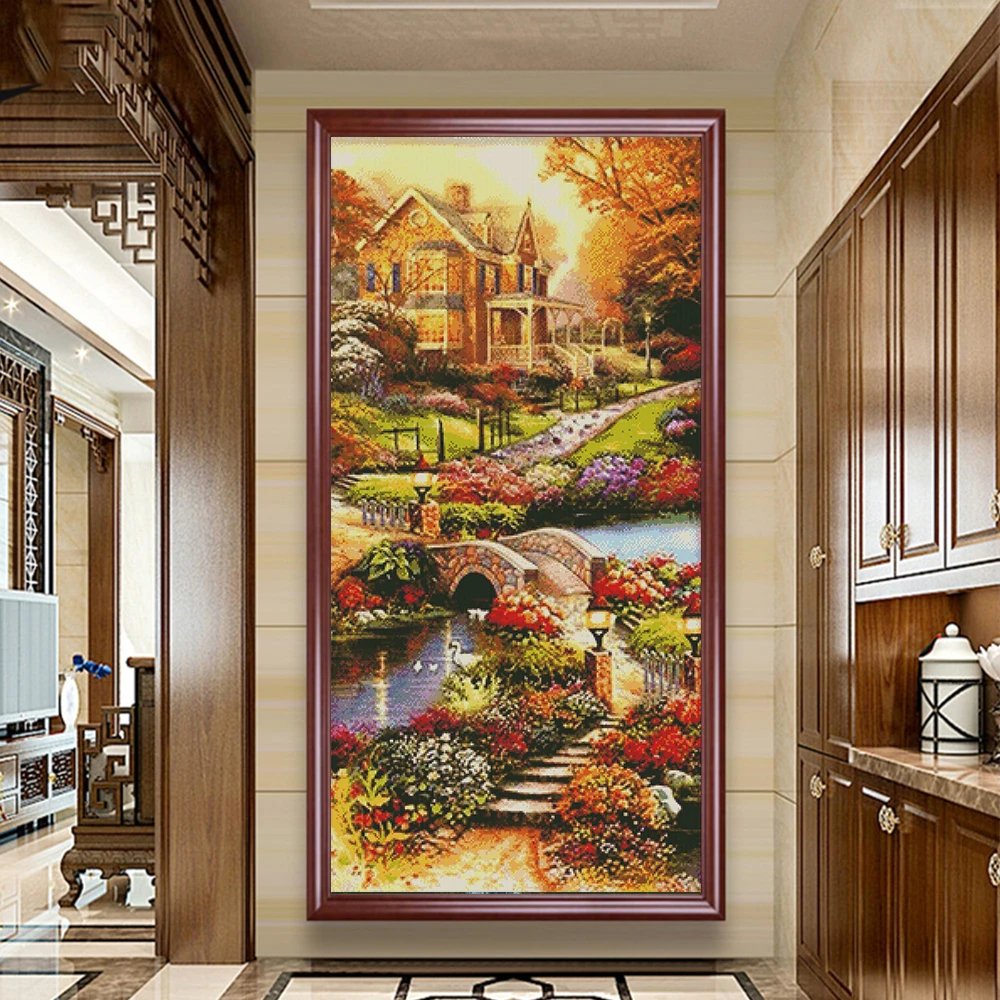 HUACAN Embroidery Countryside Scenery Printed Canvas DIY Handmade House Landscape Home Decoration Cross Stitch Kits Needlework