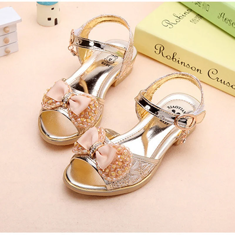Children Princess Sandals Kids Girls Wedding Shoes High Heels Dress Shoes Bowtie Gold Pink Sandals for Girls