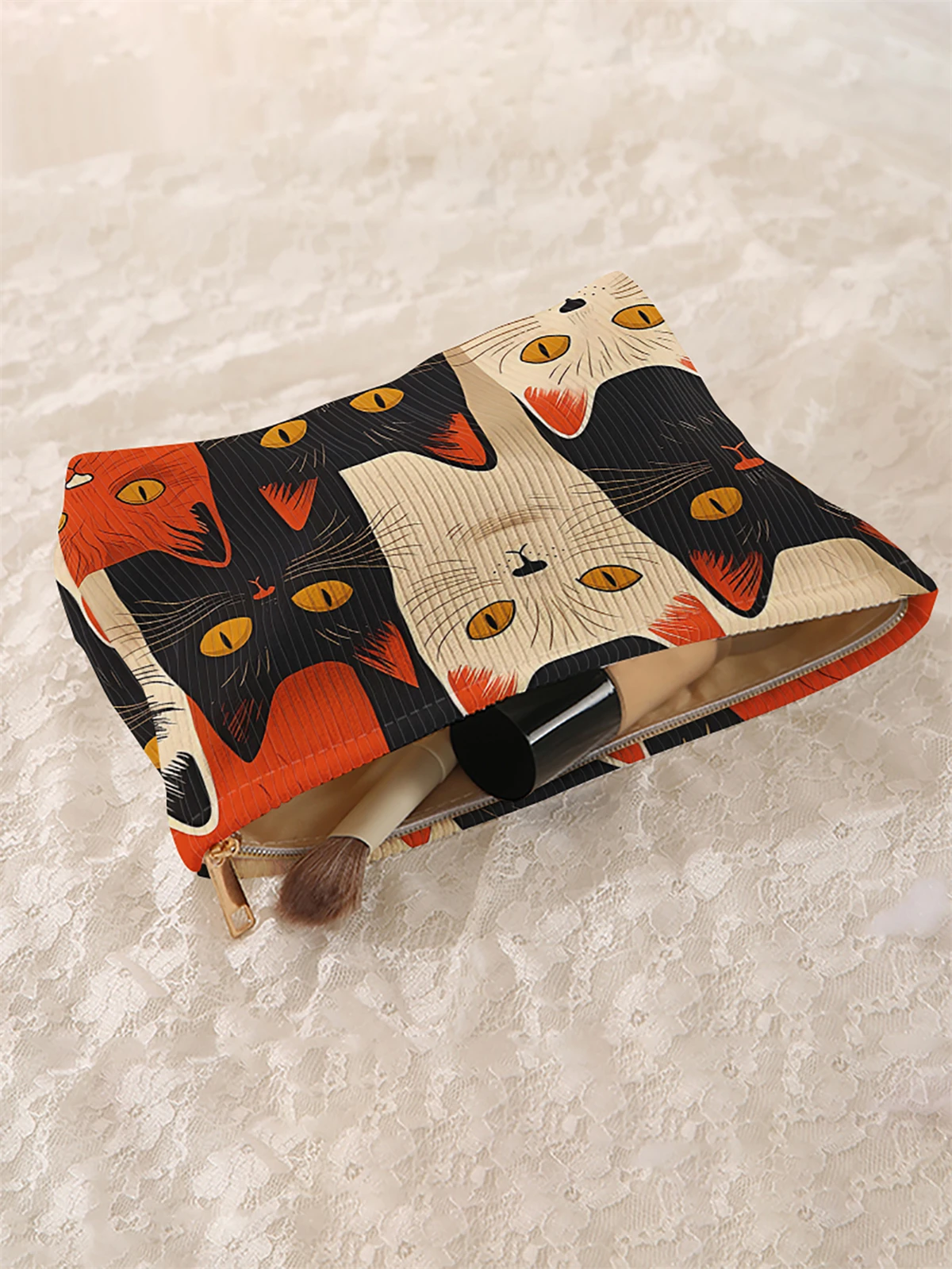 1 cat patterned corduroy zipper makeup bag, lightweight and multifunctional makeup storage bag