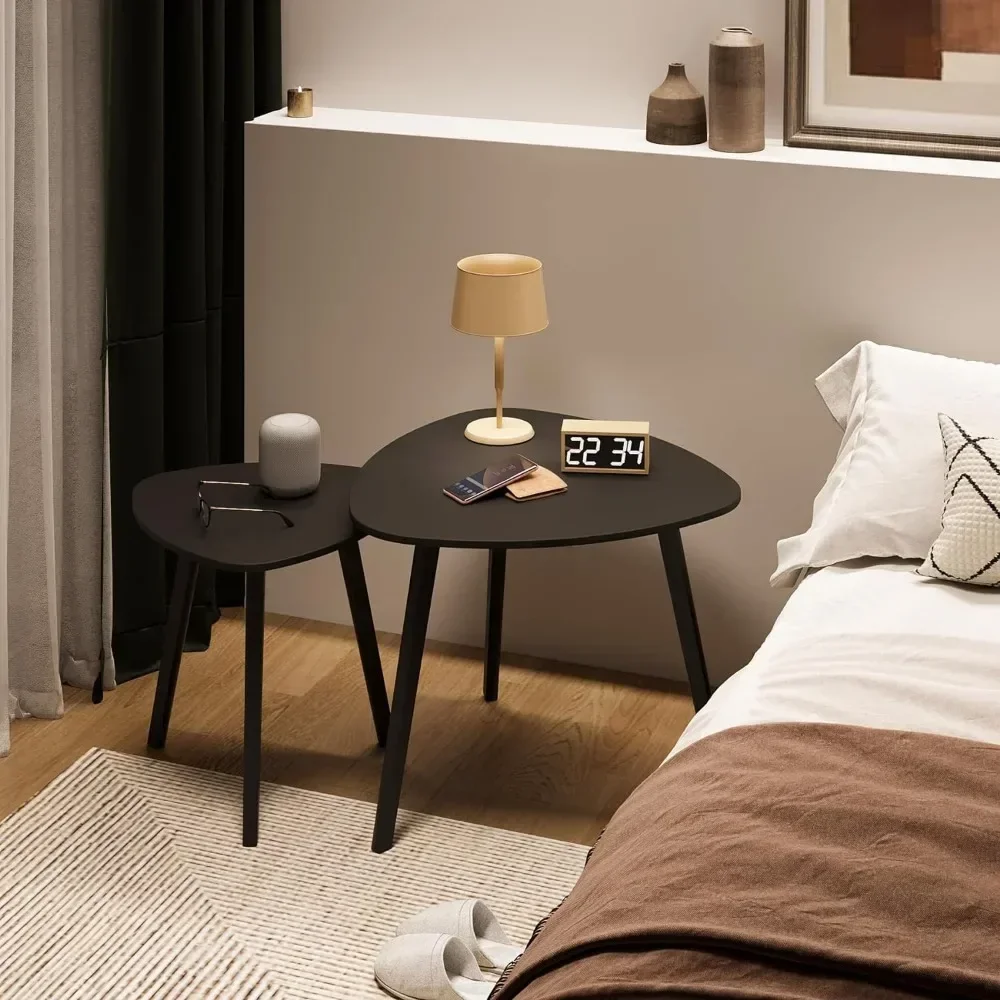 Bamboo and wood triangular end table, set of 2 living room coffee tables, modern minimalist side table in the living room