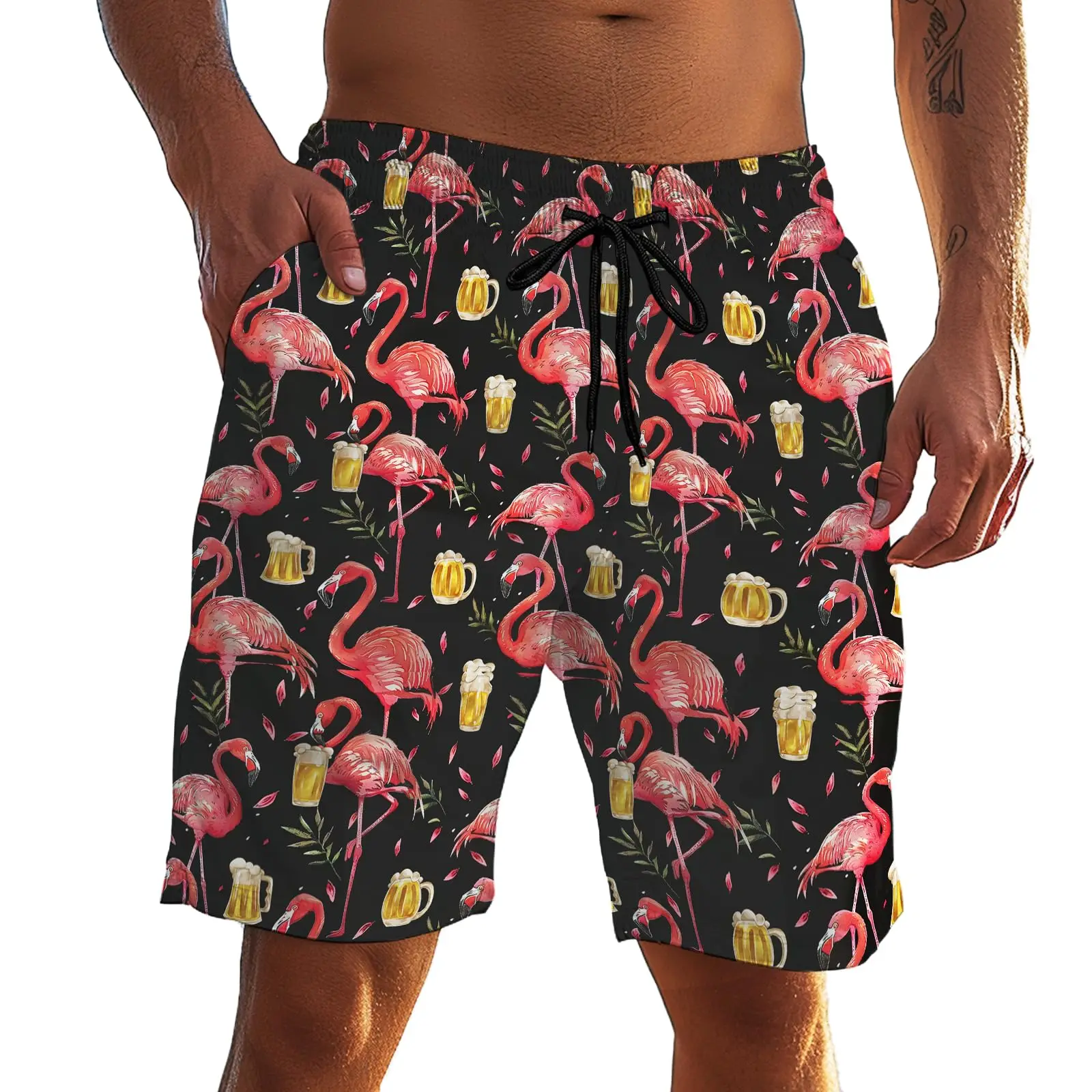 Mens Casual Beach Shorts Flamingo Print Surfing Trunks