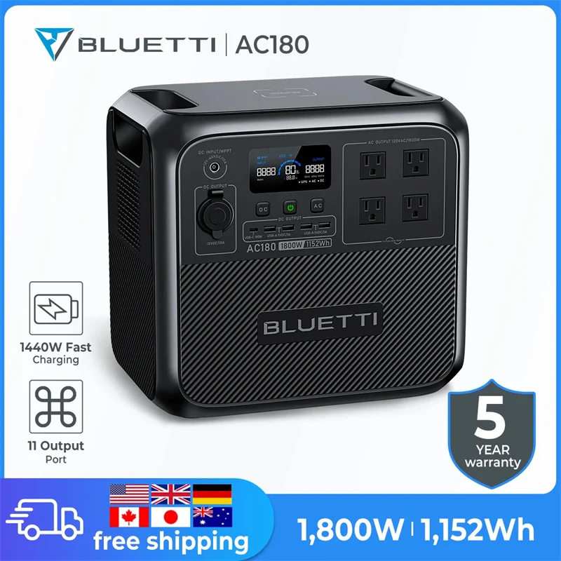 

BLUETTI AC180 1152Wh 1800W Protable Power station LiFePO4 Solar Generator 3500+ Cycles For Camping Hiking Trips Peak Power 2700W