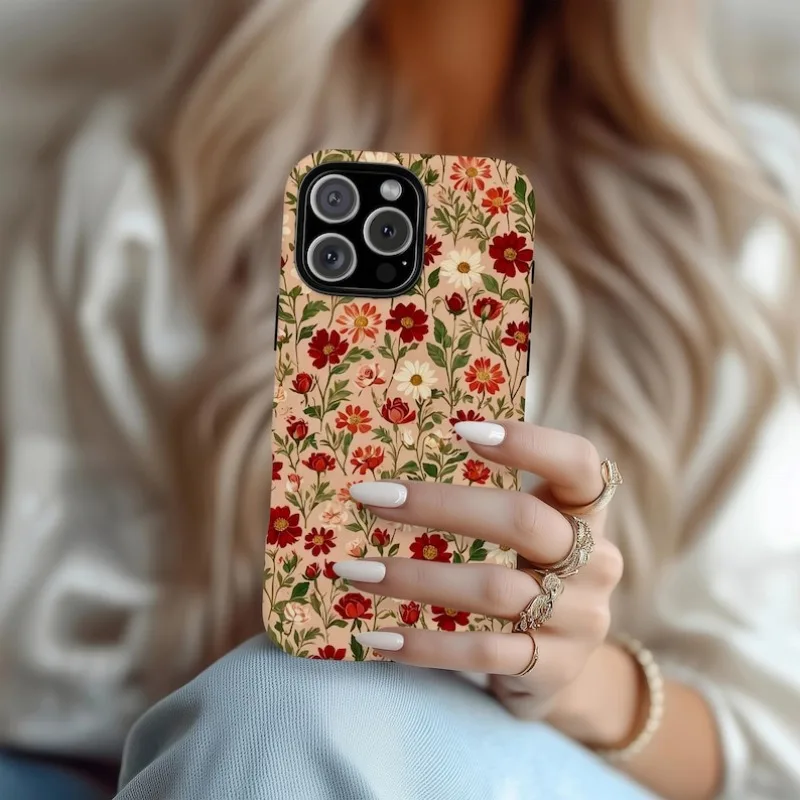 Red Crushed Flowers Magnetic Phone Case with Double-Layer Hard TPU Back Cover