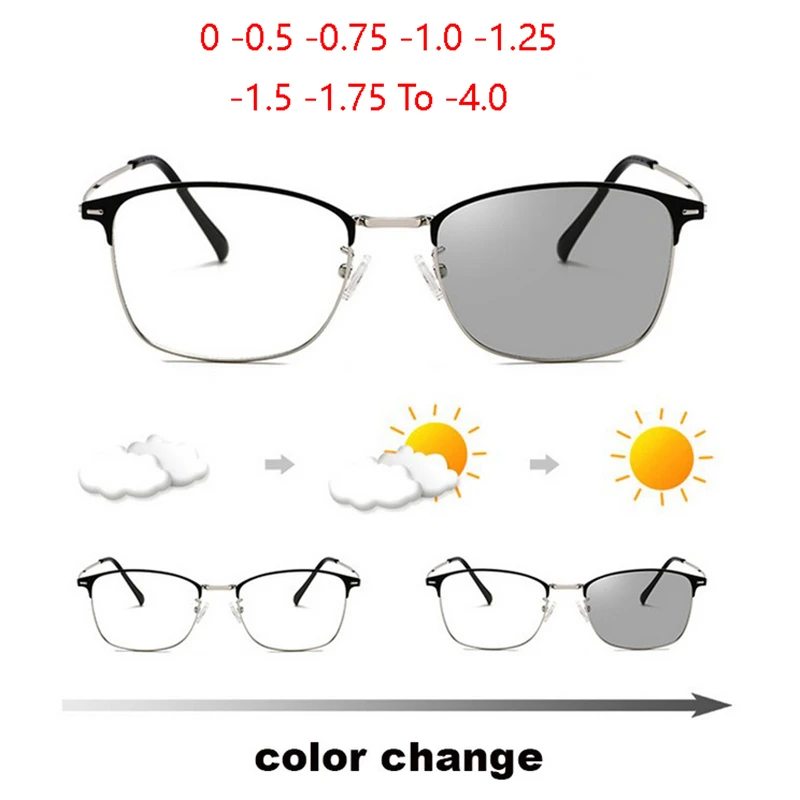 

Sun Photochromic Lens Square Nearsighted Glasses Anti-blue Light Computer Prescription Eyeglasses Diopter 0 -0.5 -1.0 To -4.0