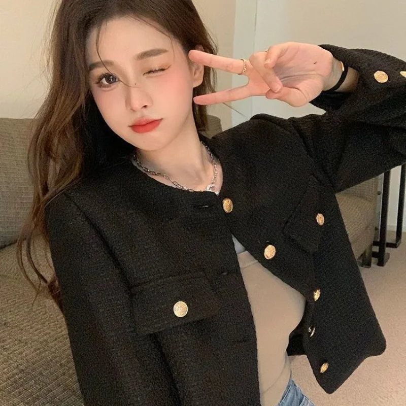 Deeptown Black Cropped Tweed Jacket Women Vintage Old Money Korean Fashion Harajuku Chic Elegant Jackets Autumn Winter Outerwear