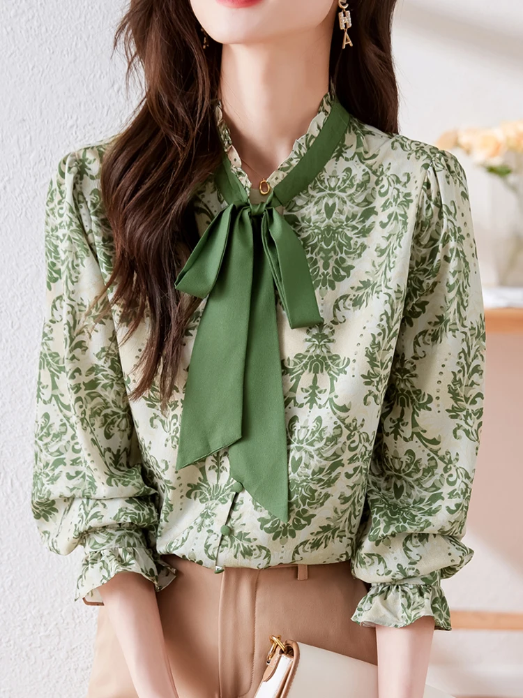 

Женская шелковая блузка с принтом, элегантная повседневная модная блузка с длинным рукавом, винтажные строченные рубашки с воротником-бантом, осень 2023