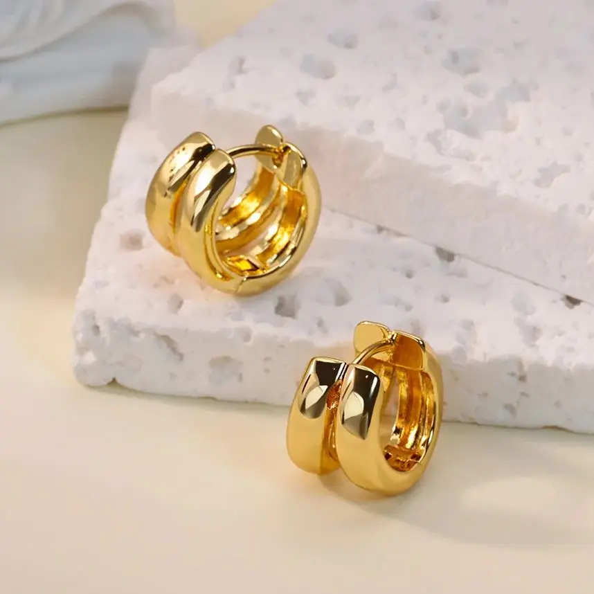 Classic Double Hoop Earrings for Women Chunky Stainless Steel Gold Color