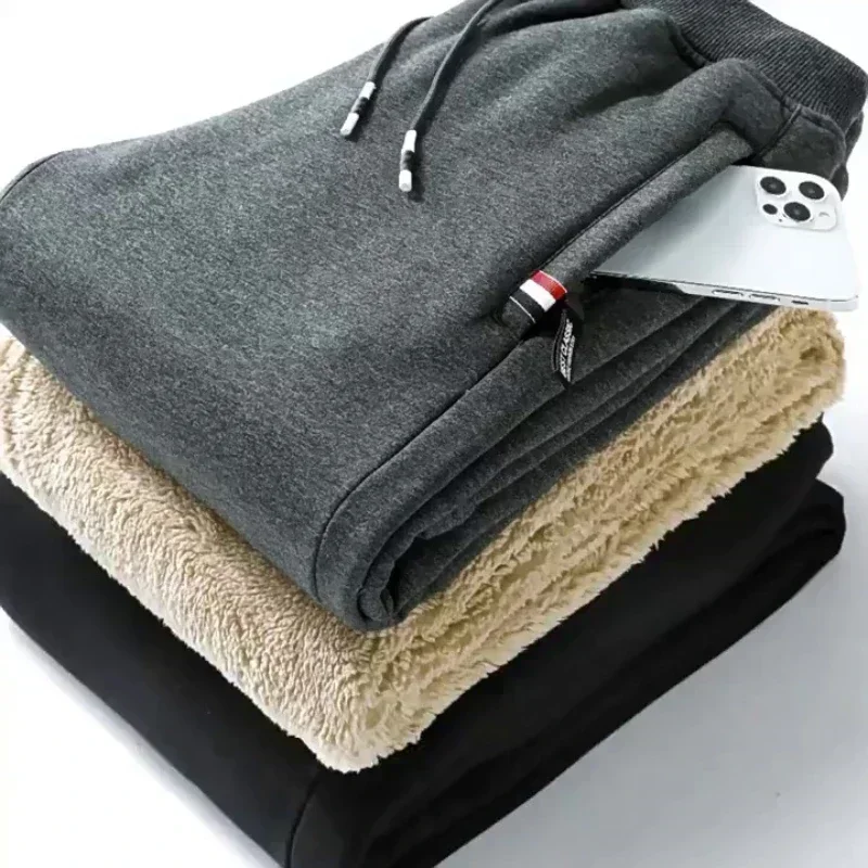 Men's Casual Warm Running Pants Winter Lamb Wool Thickened Windproof Drawstring Fleece