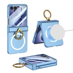 Magnetic Ring Kickstand Holder Case with Screen and Hinge Protection - Galaxy Z Flip 8 (Blue)